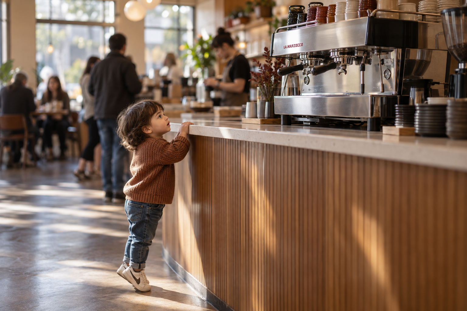 Niño observando una máquina de espresso en una cafetería